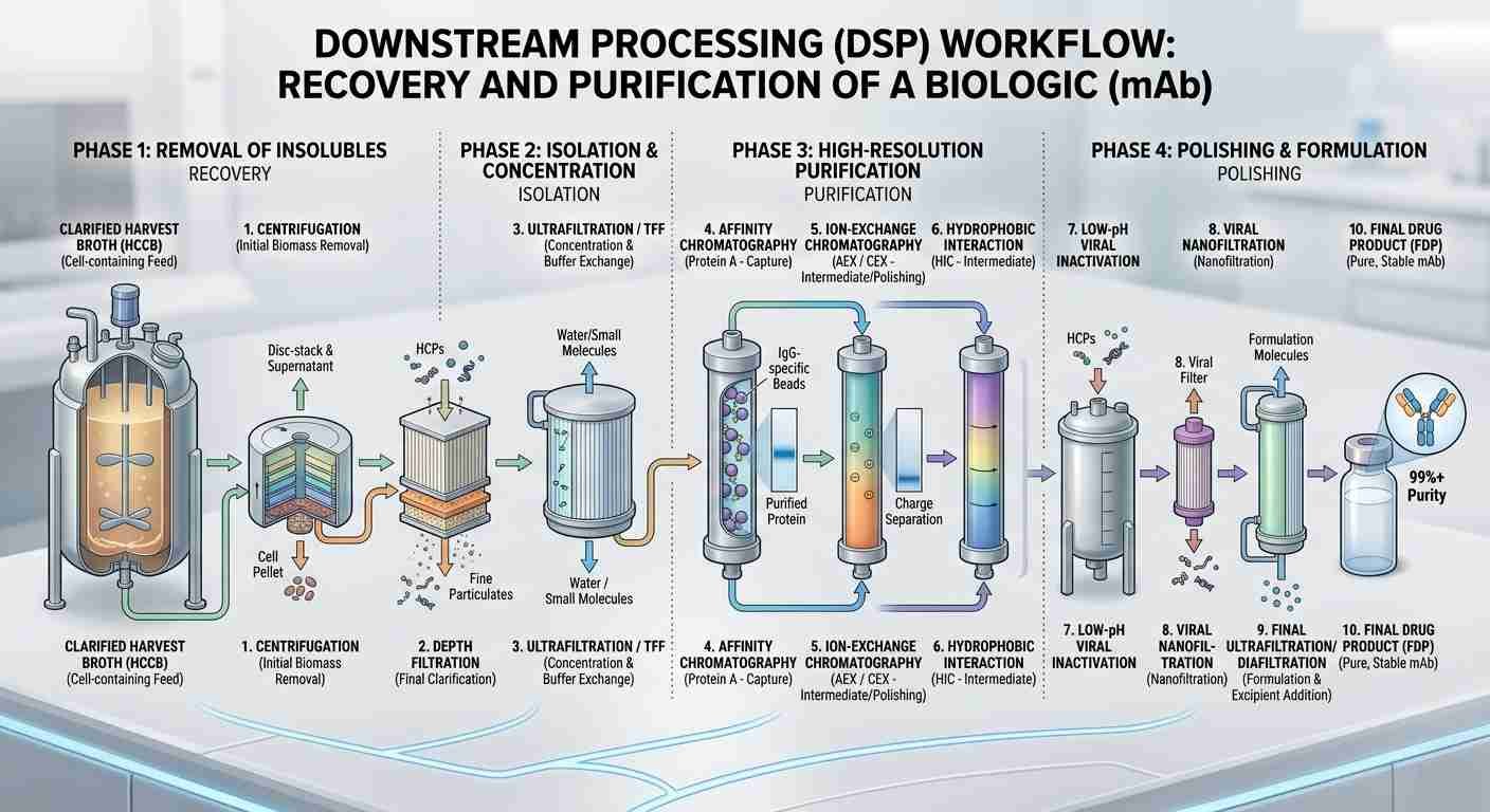Diagram illustrating the four main downstream processing steps: removal of insolubles, isolation, chromatography purification, and final product polishing.