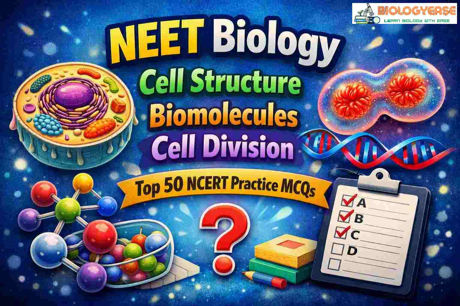 NEET Biology Cell Structure, Biomolecules & Cell Division Top 50 NCERT Practice MCQ