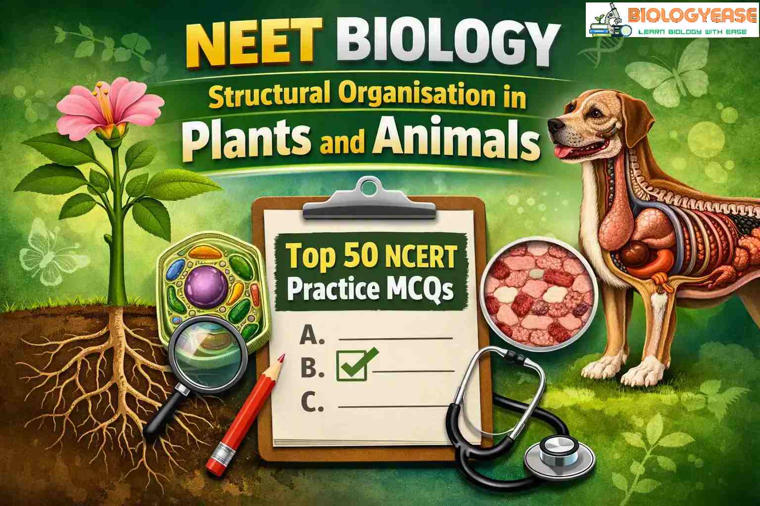 NEET Biology Structural Organisation in Plants and Animals Top 50 NCERT Practice MCQ